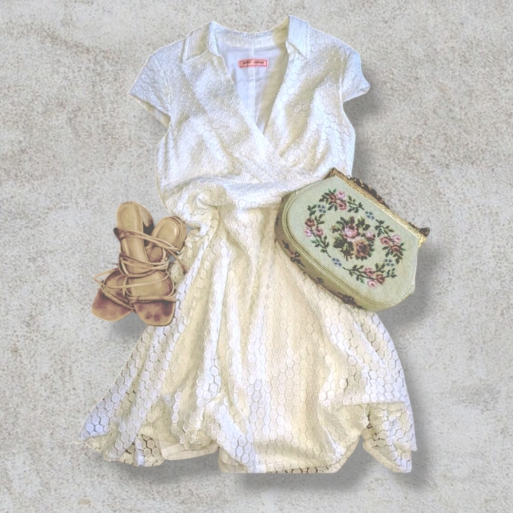 Vintage Betsey Johnson Dress - Cream - Eylet/Lace - Collared